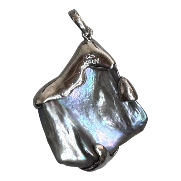Vtg Statement 925 Sterling Silver Abalone Shell Pendant Artisan Signed 1.5" Boho - Picture 3 of 6